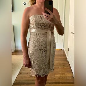 Champagne colored lace strapless dress